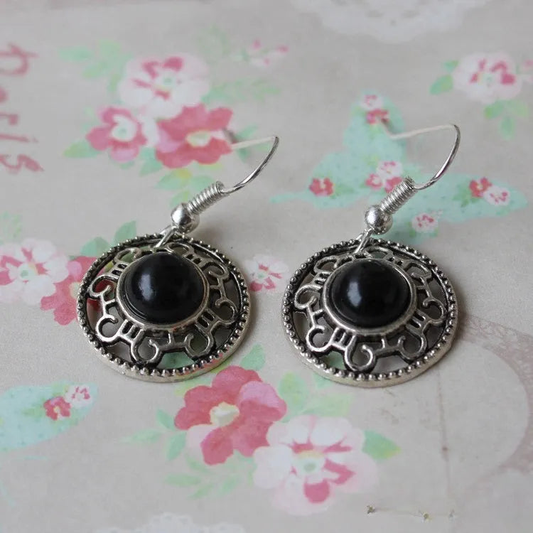 Miao silver retro turquoise flower disk earrings with geometric ethnic design in red, blue, or black colours