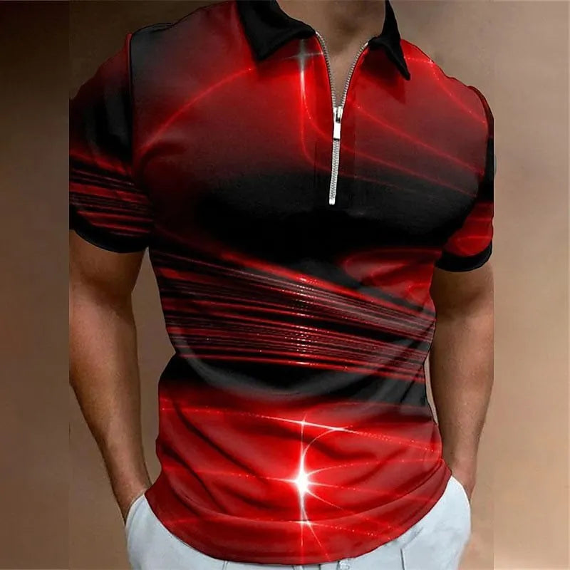 Men's blue loose fit short sleeve zipper polo shirt made from bird eye cloth.