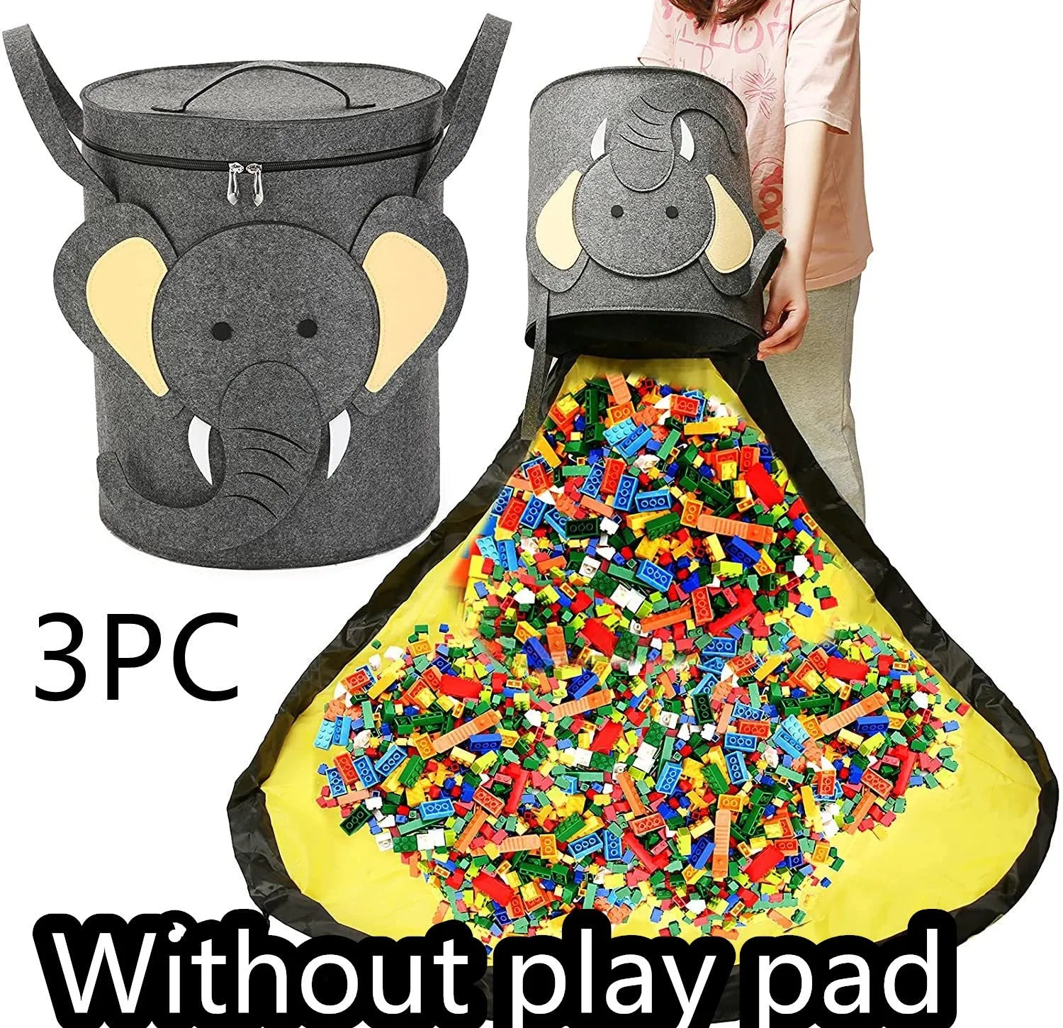 Green felt cube storage bag with pull rope closure shown as toy play mat