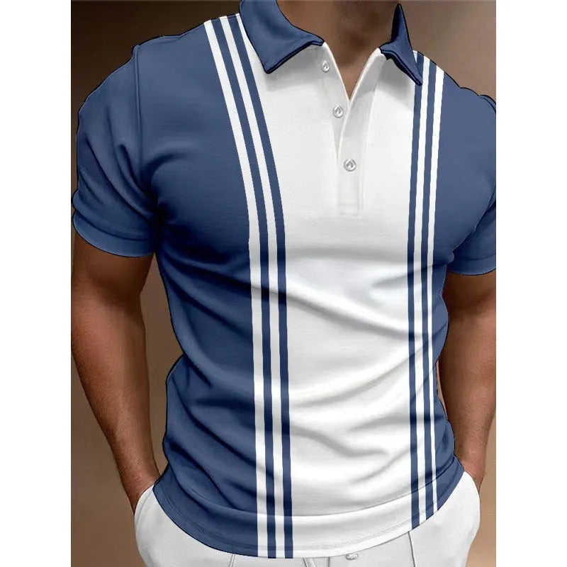 Men's loose-fit casual T-shirt with a printed three-button lapel on the front.