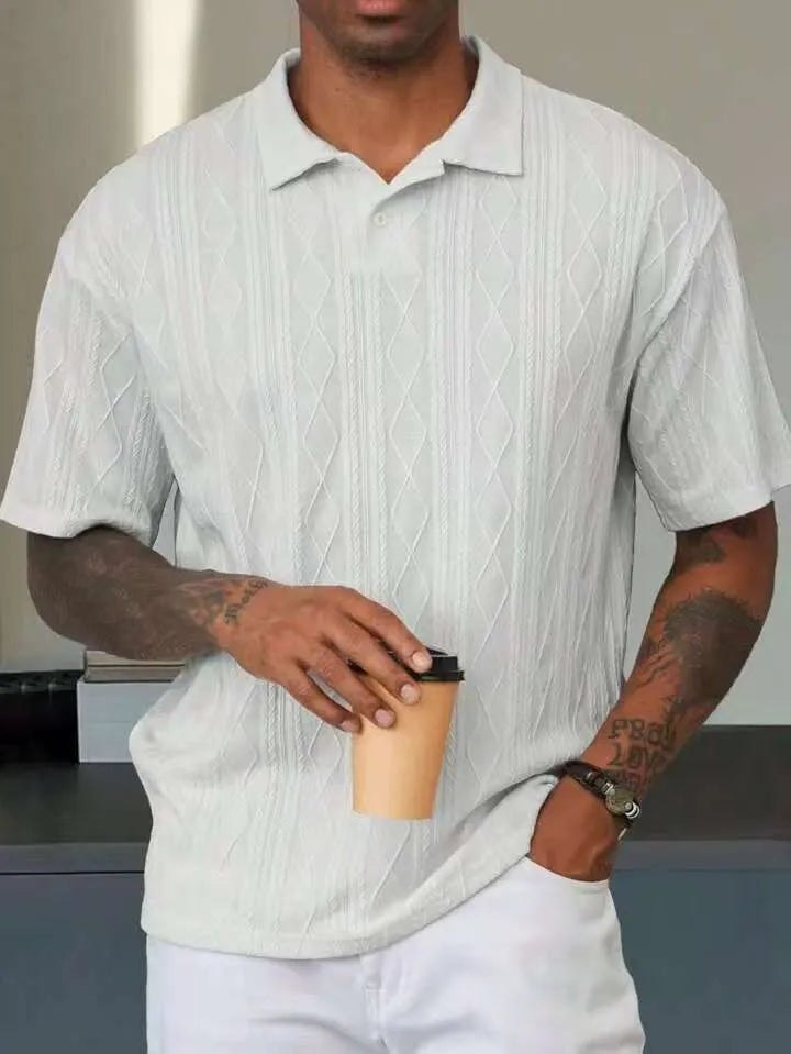 Men's loose fit short sleeve T-shirt with a retro button lapel on the collar, in a khaki cotton blend knit.