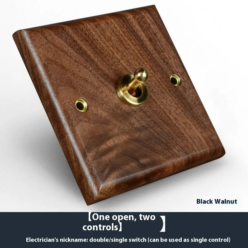 Black walnut solid wood panel brass work driving arm dual control switch socket in walnut colour