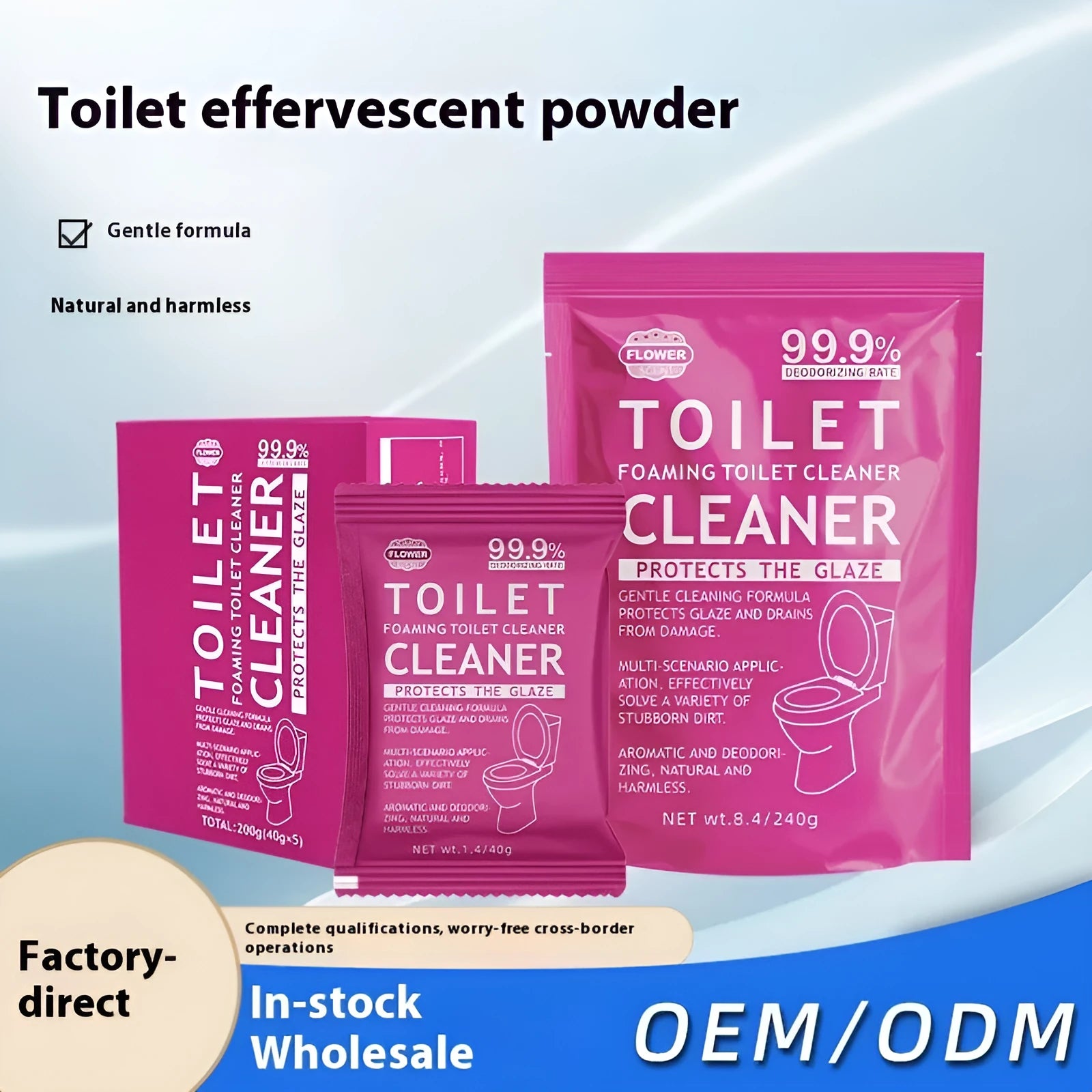 Toilet bubble powder descaling cleaner in blue ocean and pink floral fragrance options with 40g bags and 240g big bag