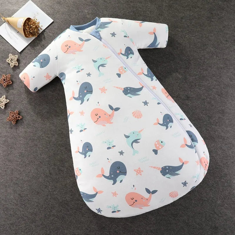 Baby pure cotton anti-kick quilt sleeping bag with cartoon pattern, 80cm length, thickened for autumn winter spring, size M and L