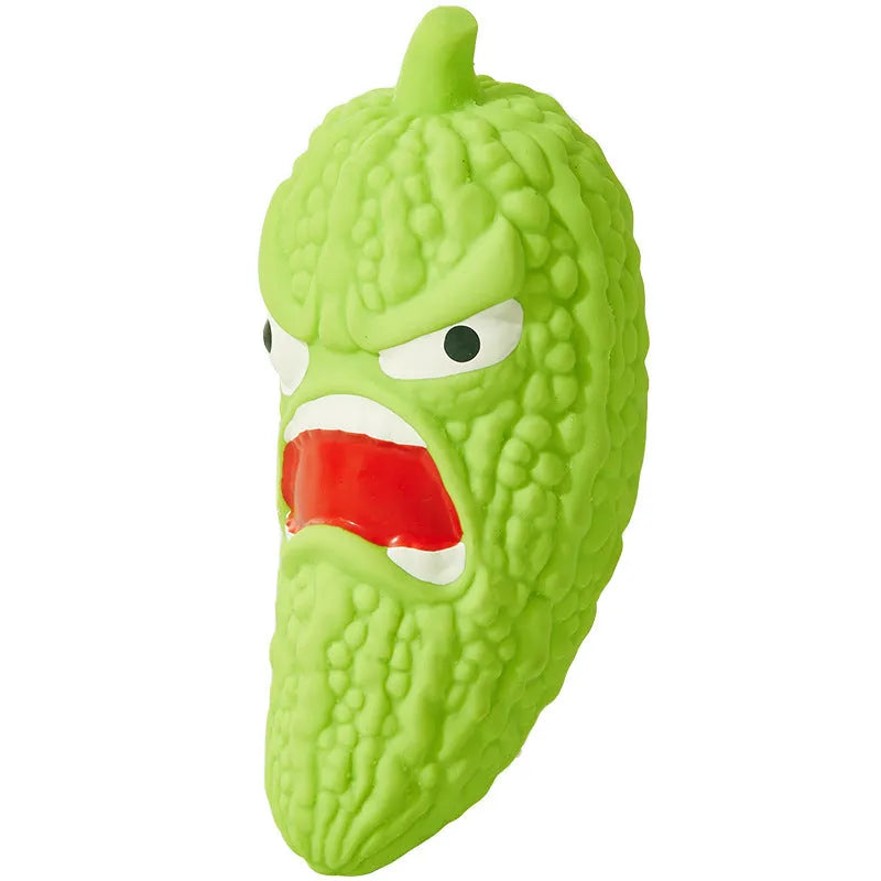 Bitter gourd and chilli shaped dog chew toys with textured surfaces for grinding teeth.
