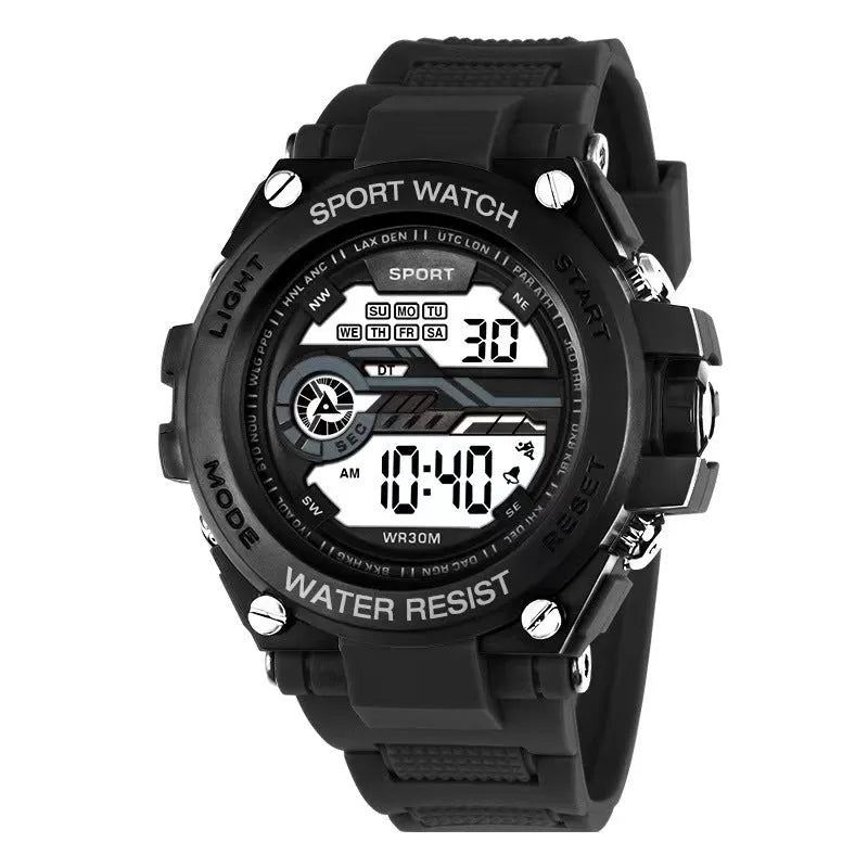 Fashion electronic watch for teenagers available in 10 colours including black, blue, pink, white, green, purple, red, yellow, orange, and silver