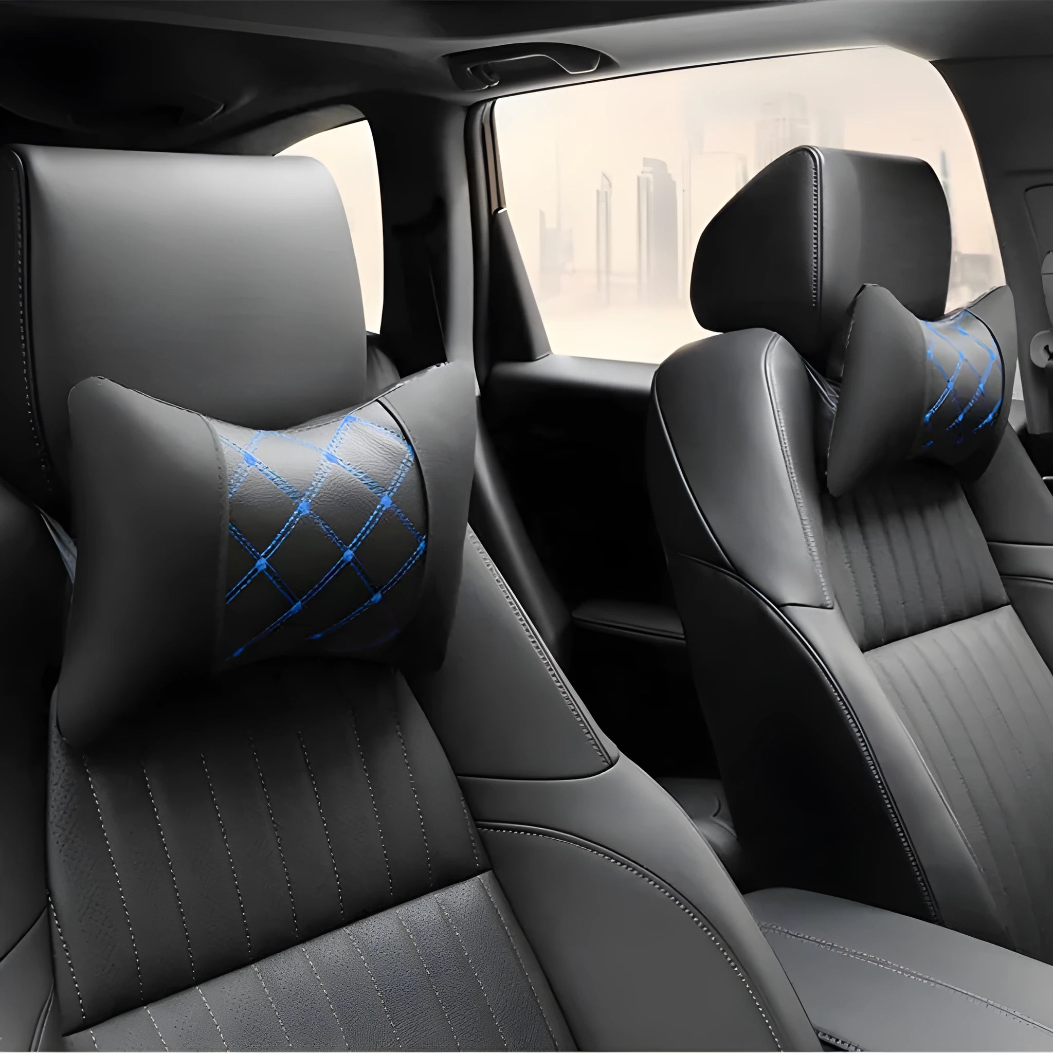 Black leather quilted car headrest pillow with diamond check pattern for cervical neck support