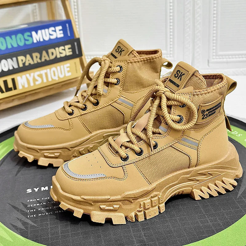 Men's khaki platform Martin boots with low heel, round toe, and rubber sole