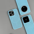 Frosted hard magnetic phone case with thin ring design on back for iPhone, shown in blue colour.