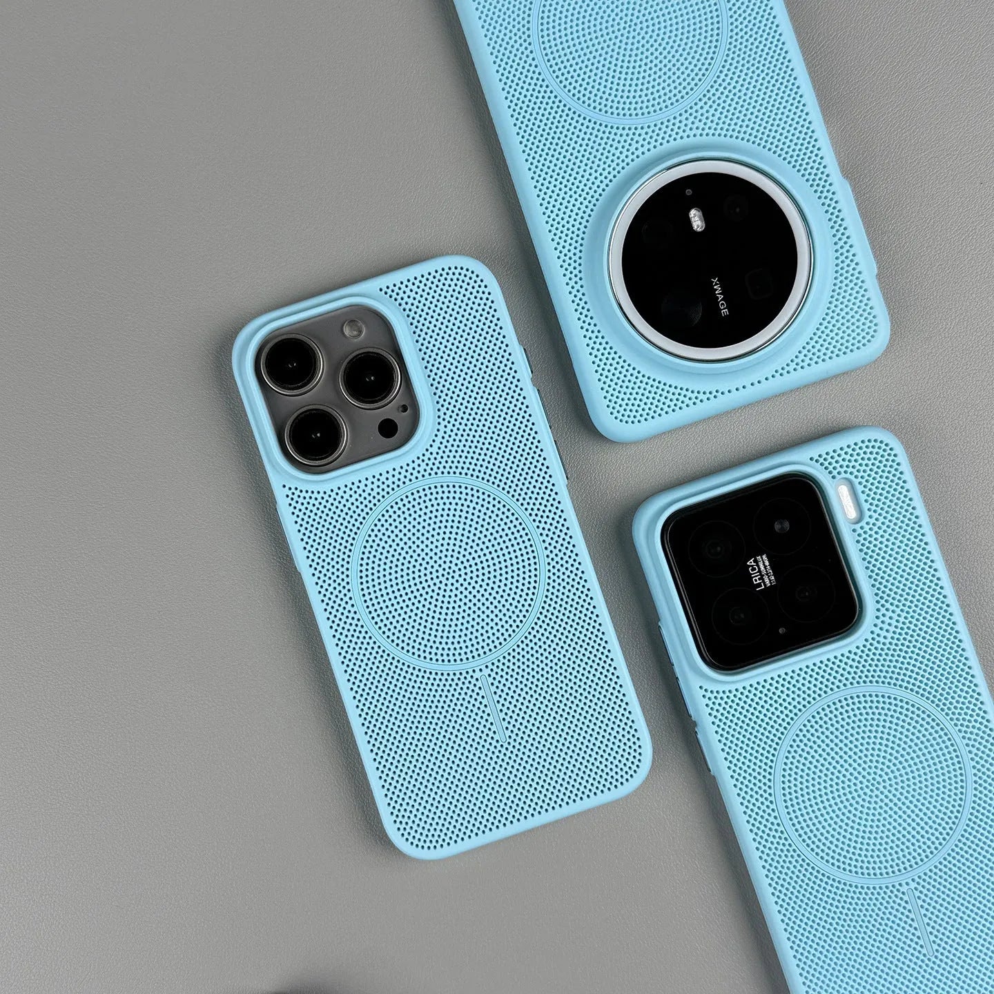 Frosted hard magnetic phone case with thin ring design on back for iPhone, shown in blue colour.