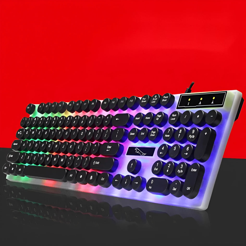Black or white waterproof RGB backlit gaming keyboard with 104 keys and USB cable