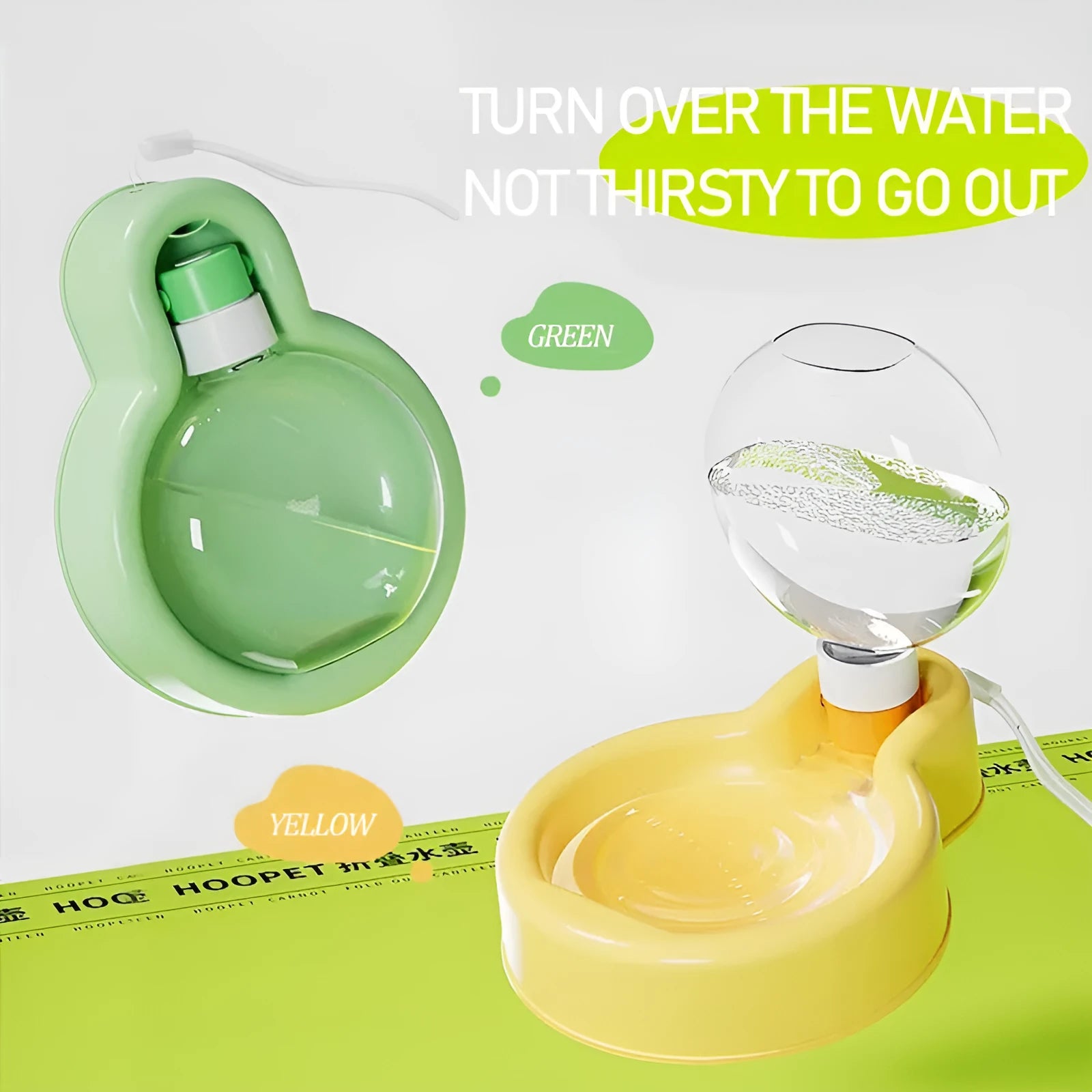 Green portable pet travel cup with pull-out drinking bowl for dogs on outdoor adventures