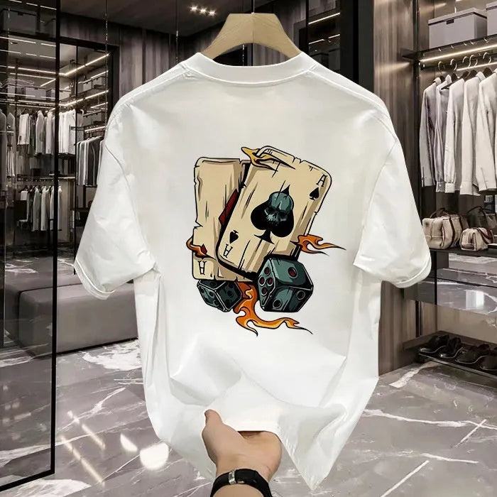 Man wearing a black printed short-sleeved cotton t-shirt, showcasing the front print design.