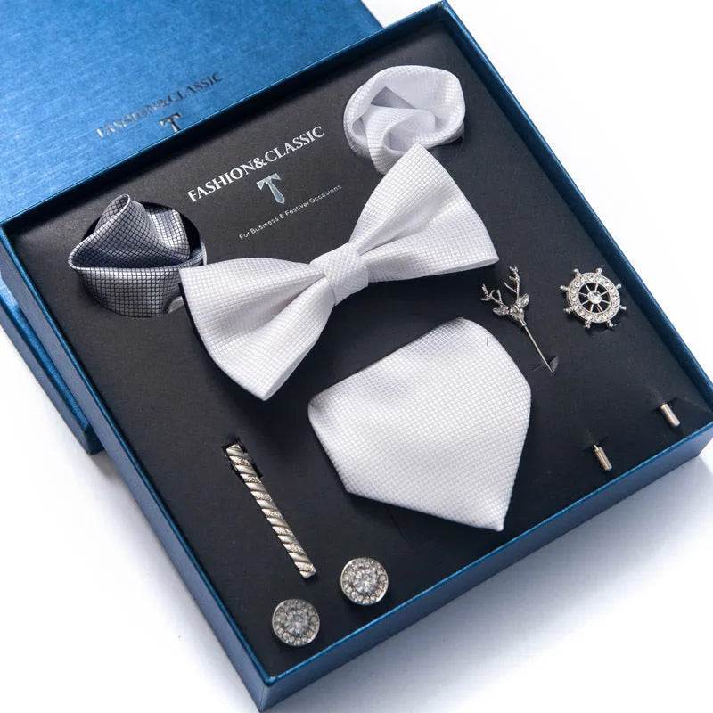 Men's 8-piece rayon jacquard bow tie set, heart shape arrow style, monochrome pattern, 146cm length