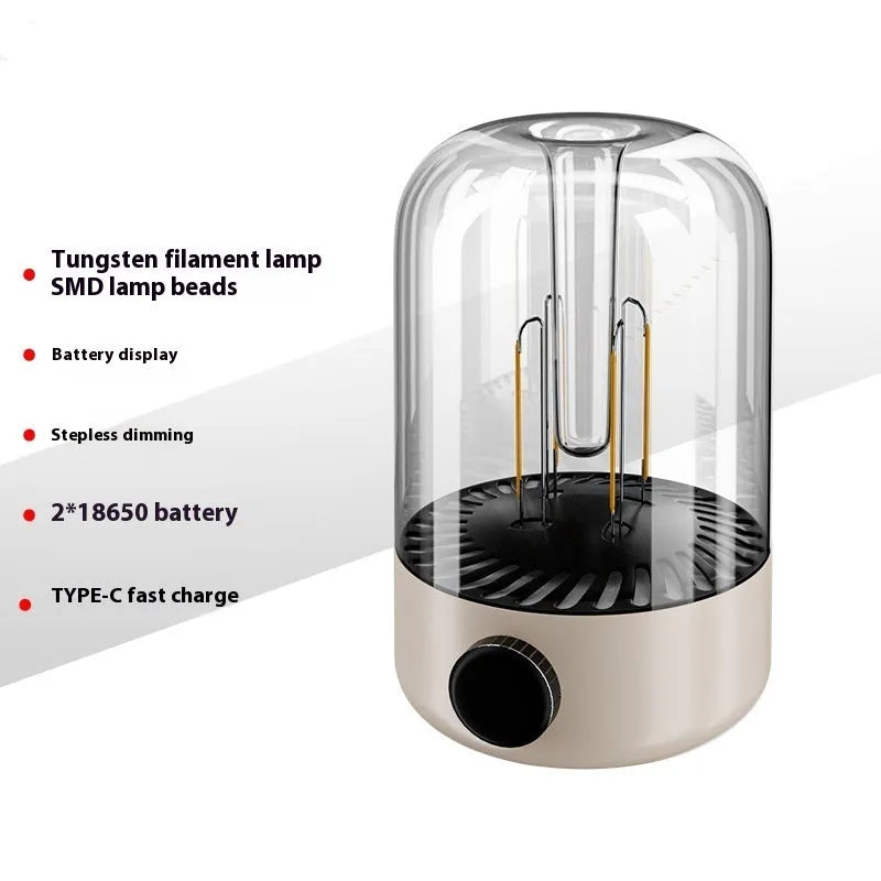 Beige and black camping ambience lamp with dual light sources and USB charging port