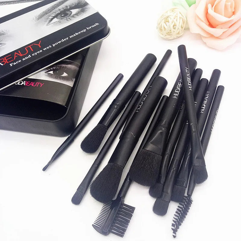 12-piece black makeup brush set in iron box with wooden handles and silk nylon bristles