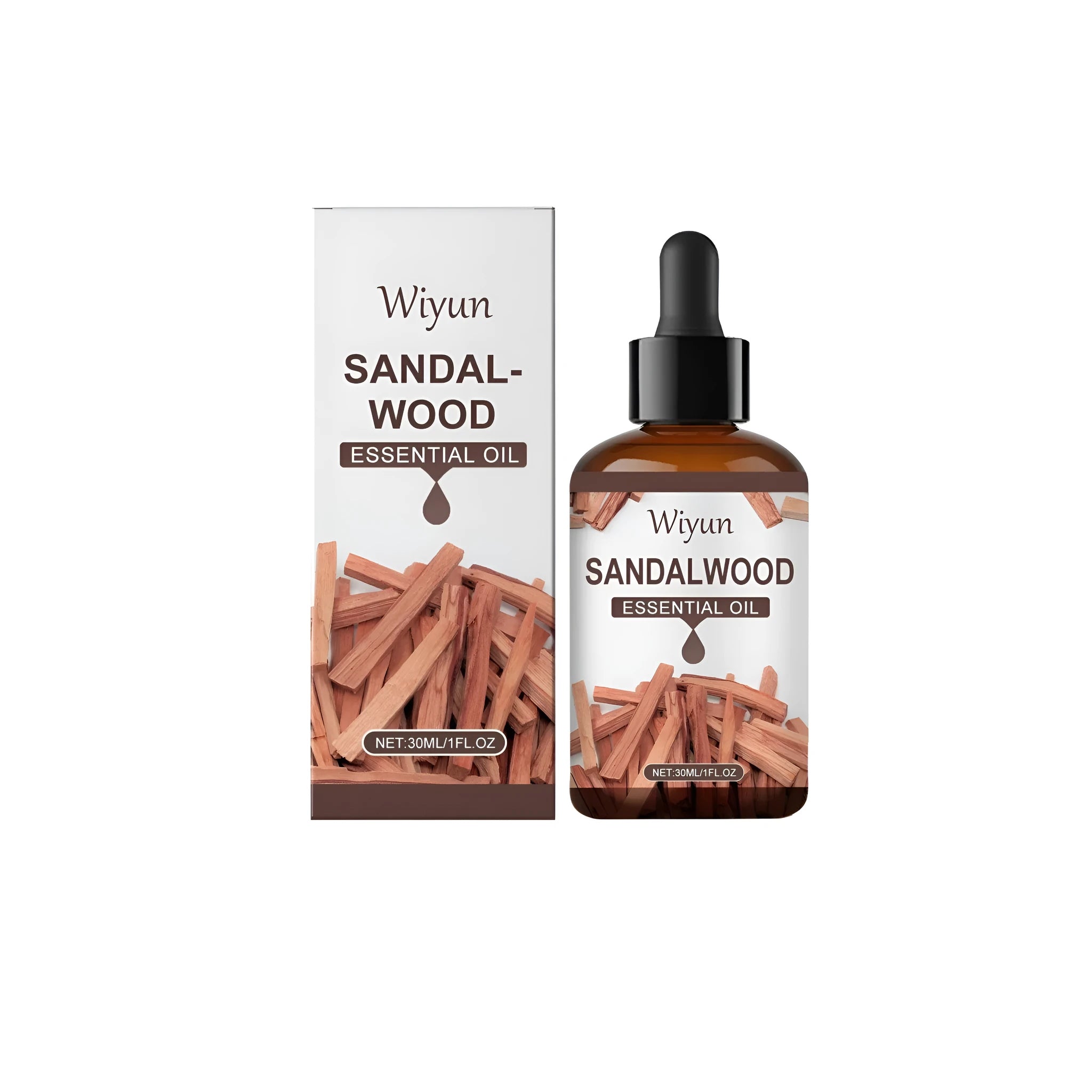 30ml glass bottle of pure sandalwood essential fragrance oil with a dropper.