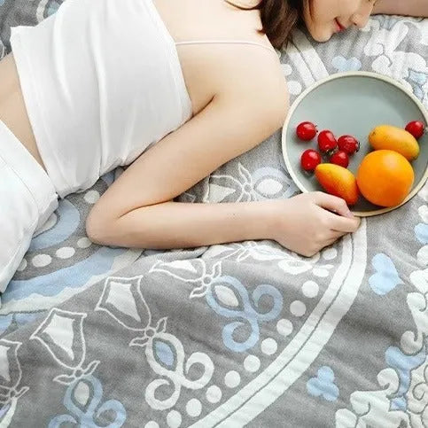 Pure cotton five-layer towel blanket with blue plant and flower coated print pattern