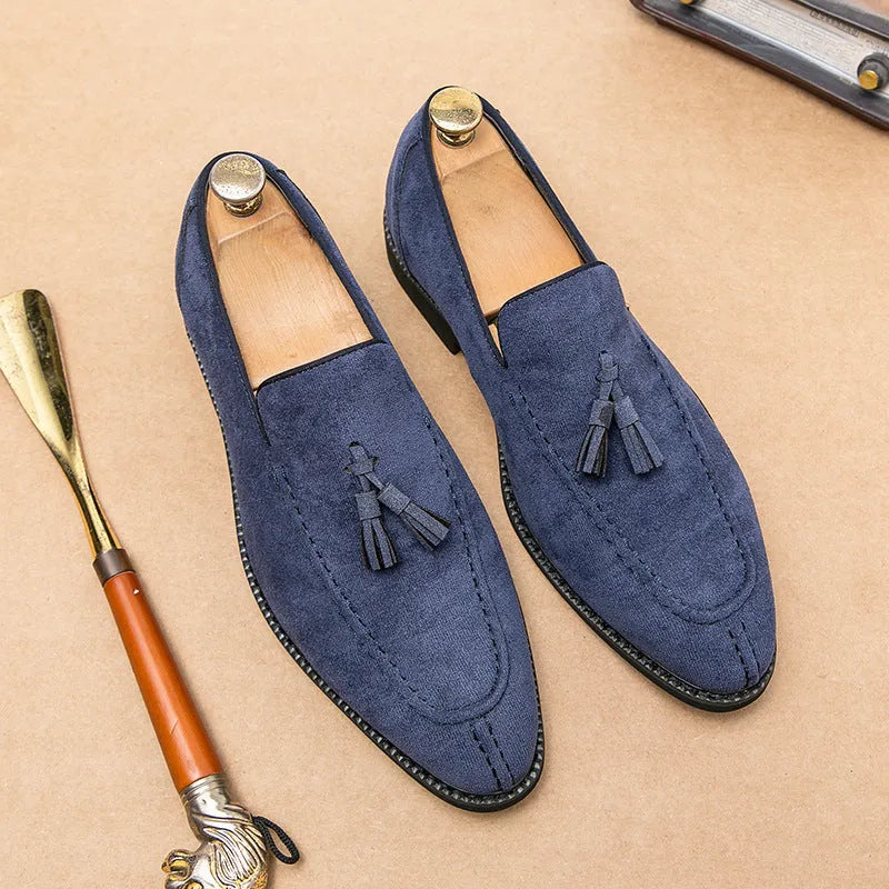Men's suede matte fashion leather shoes in blue with artificial PU upper and flat heel