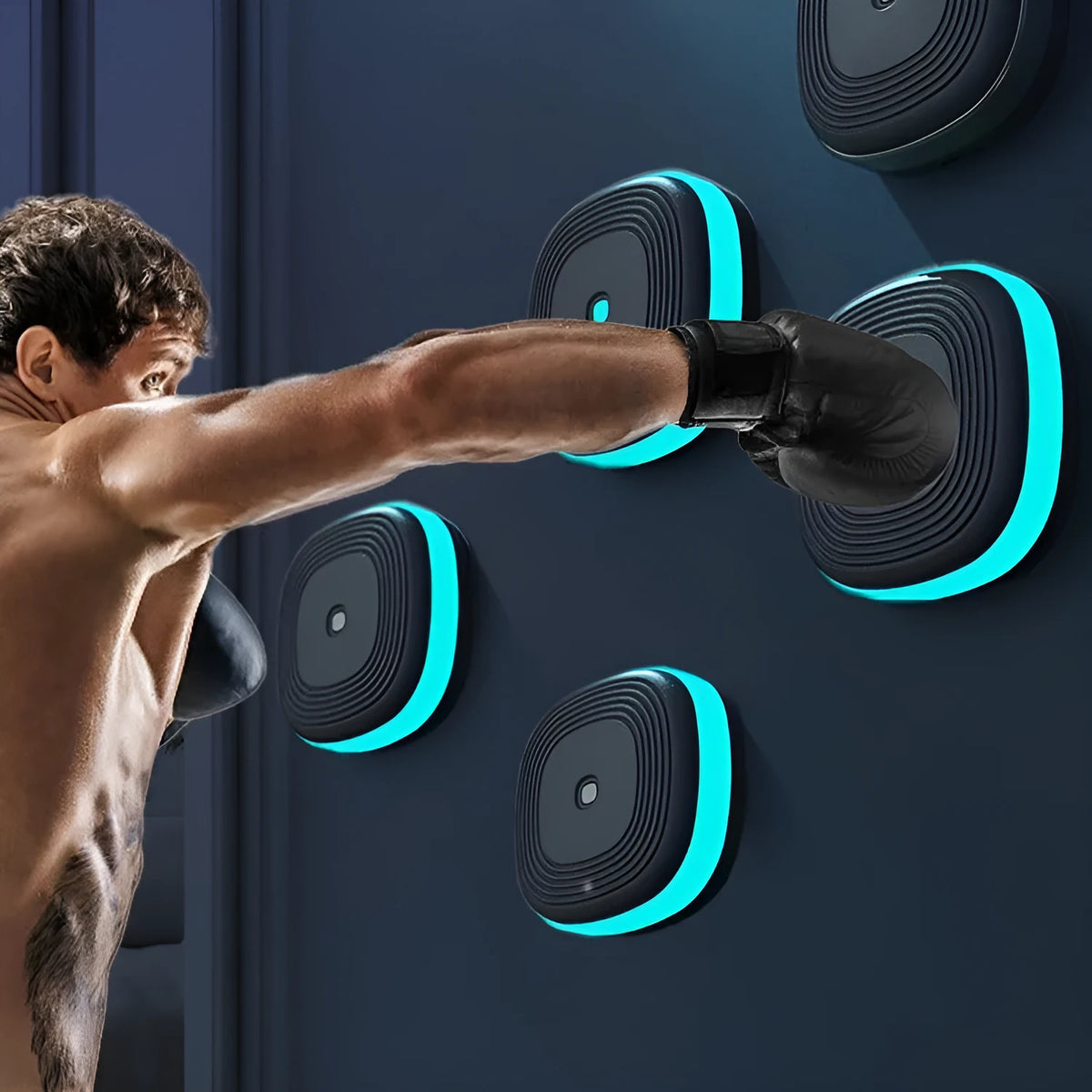 Smart Split Bluetooth Music Boxing Target hanging on wall with black 8-target pads and Bluetooth pairing