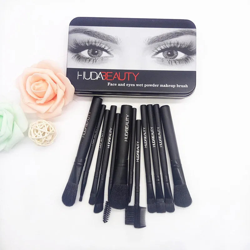 12-piece black makeup brush set in iron box with wooden handles and silk nylon bristles