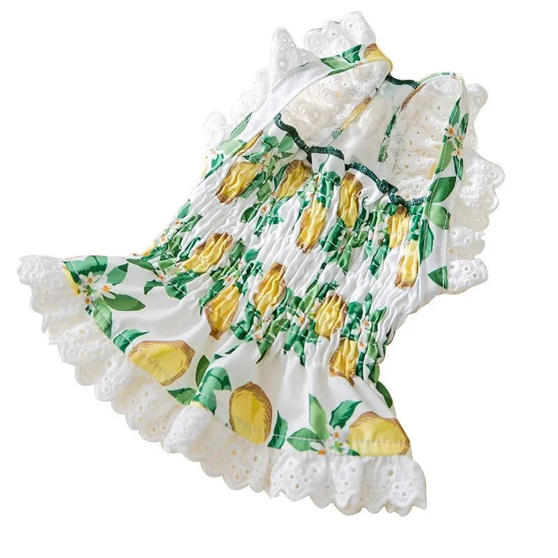 Rock yellow lemon coloured dog dress with thin straps and a skirt in a princess style.