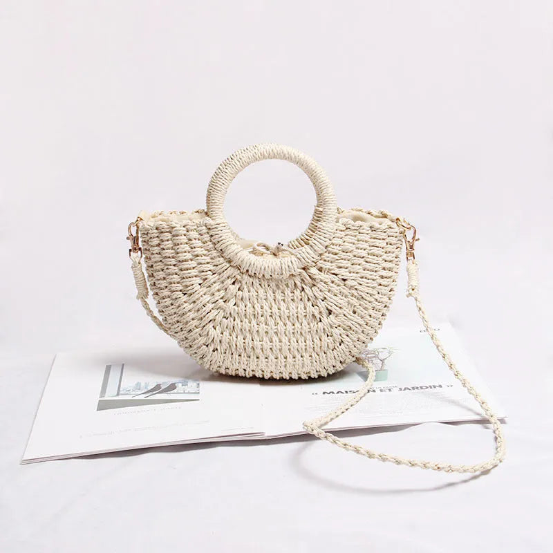 Seaside Vacation Beach Mini Straw Bag in dumpling shape with woven texture and open pocket, available in multiple colours
