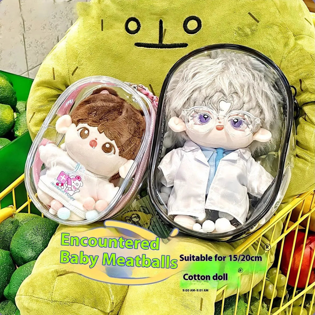 Transparent PVC cube storage bag for cotton dolls with keychain attachment.