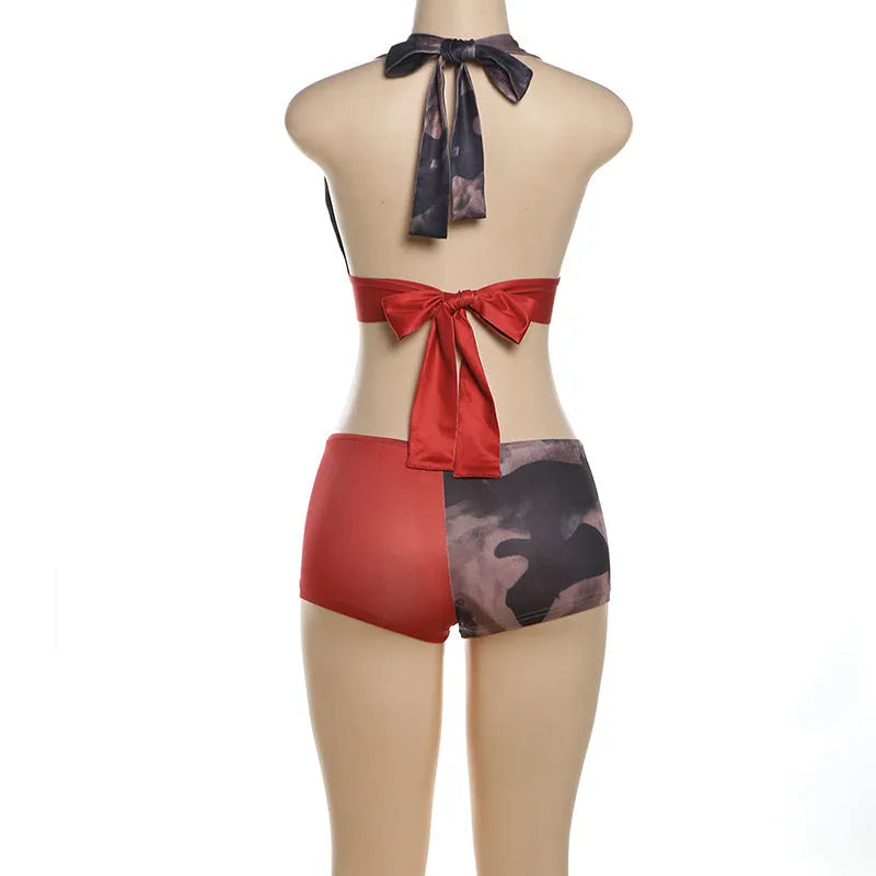Red women's high waist hip lift swim shorts and matching bikini top with 3D printed pattern