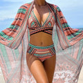 Women's retro ethnic split cross strap swimsuit bikini in polyester fabric