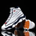 High-top basketball shoes with thick rubber soles and mesh uppers in AJ13 white red colourway