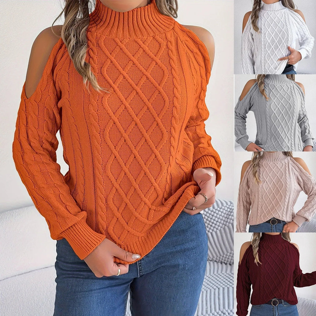 Women's twist pattern acrylic sweater with strapless half-high collar and lantern sleeves in multiple colours
