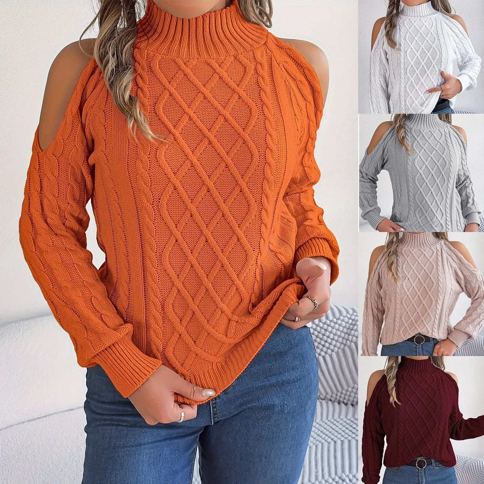 Women's twist pattern acrylic sweater with strapless half-high collar and lantern sleeves in multiple colours