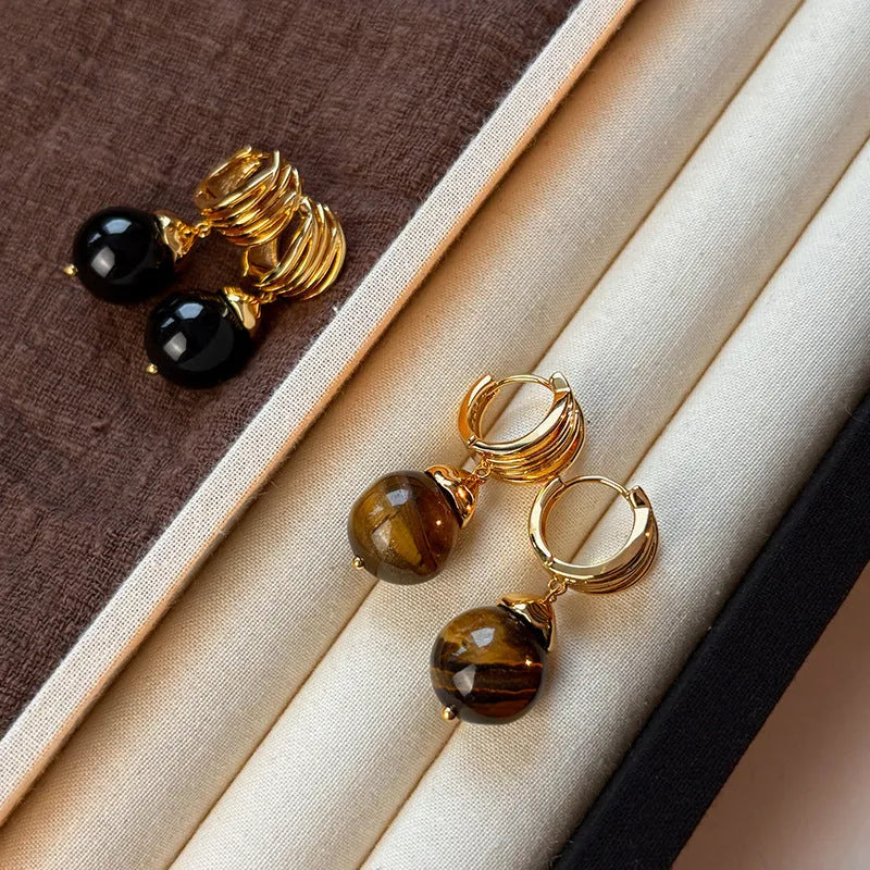 Maillard Tigereye geometric earrings with French retro style and real gold plating