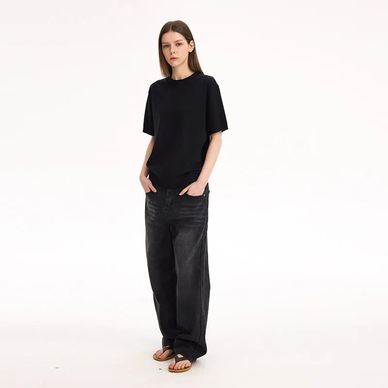 Fanio solid-colour short-sleeved T-shirt with French Australian Velvet fabric on the shoulders.