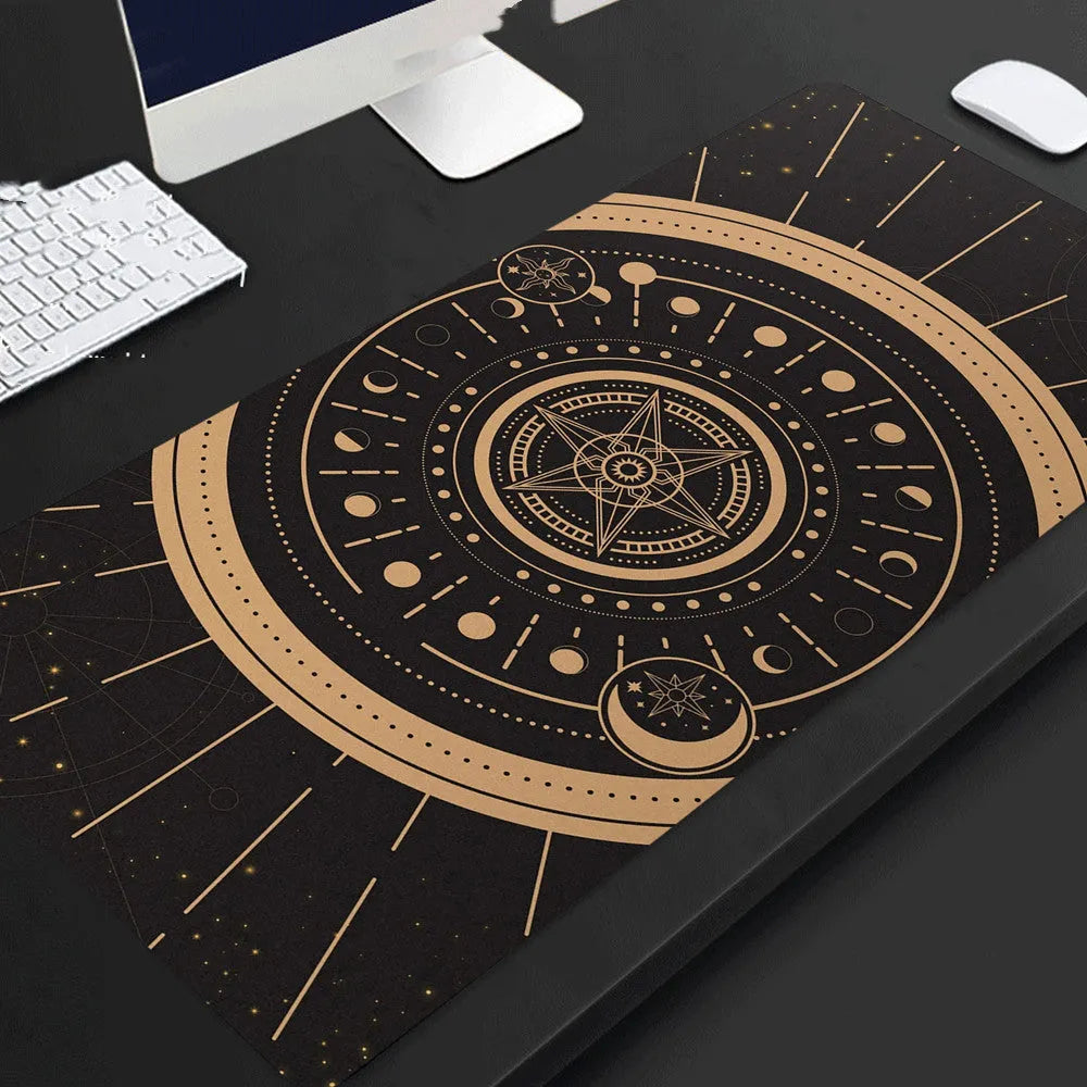 Full black extended extra long rubber mouse pad on desk for gaming and office use