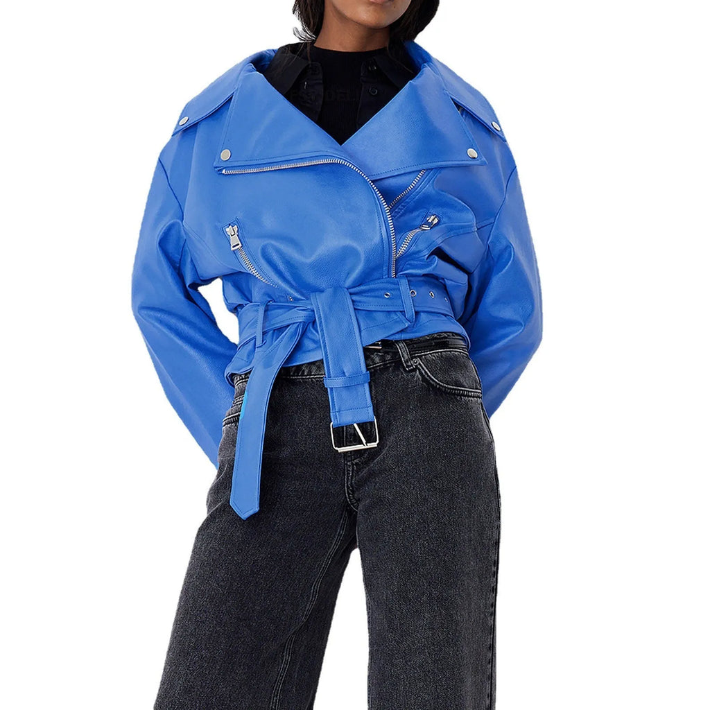 Punk style short belt lapel locomotive jacket in polyester leather, available in black, blue, and green.