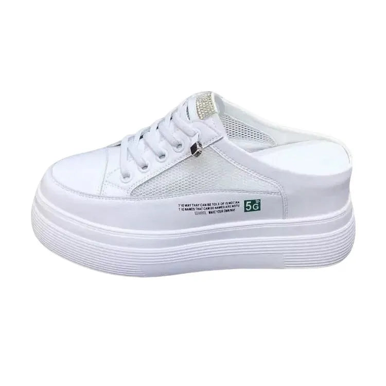 White women's mesh platform shoes with round toe and rubber sole.