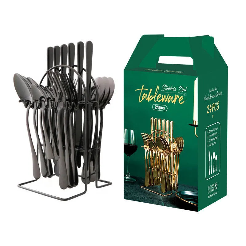 24-piece stainless steel cutlery set with storage rack in a gold finish