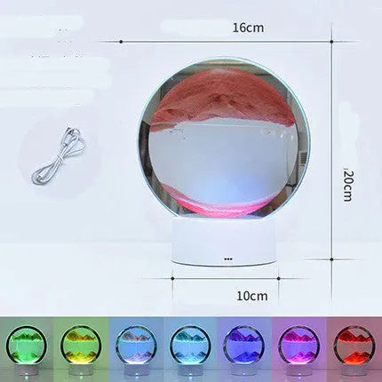Creative 3D quicksand table lamp with glass shade and touch USB plug-in on a bedside table