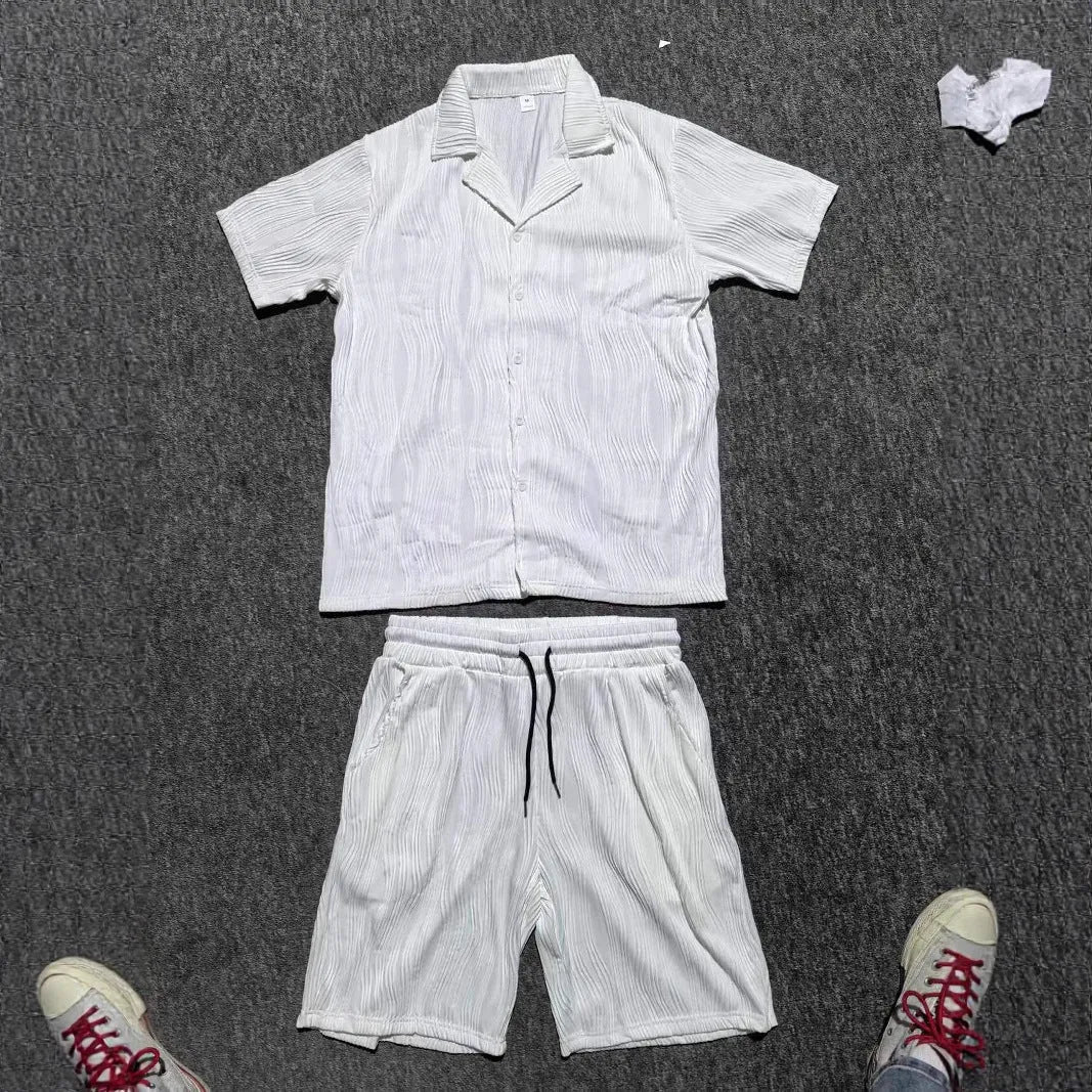 Men's black cotton blend short sleeve shorts set with wave pattern design