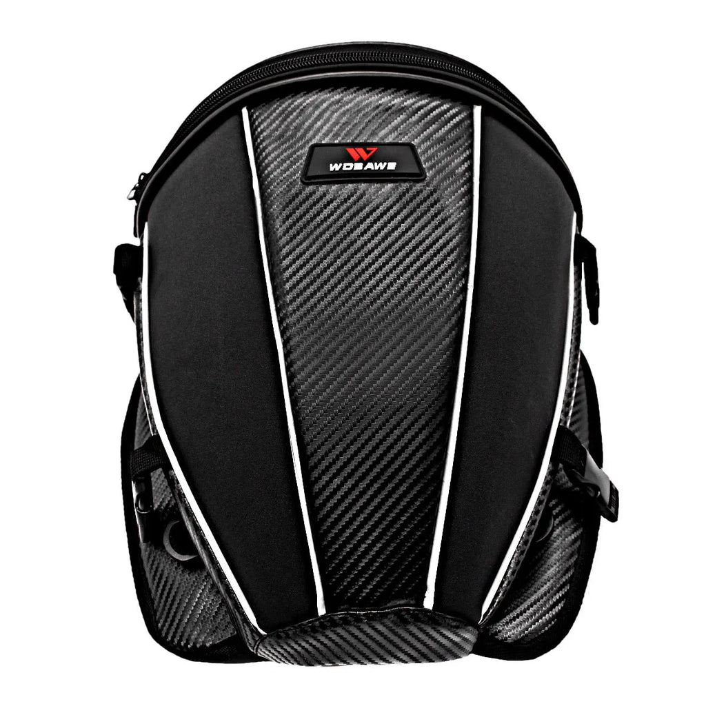 Black motorcycle seat bag with reflective strips, showing multiple pockets and an adjustable shoulder strap.