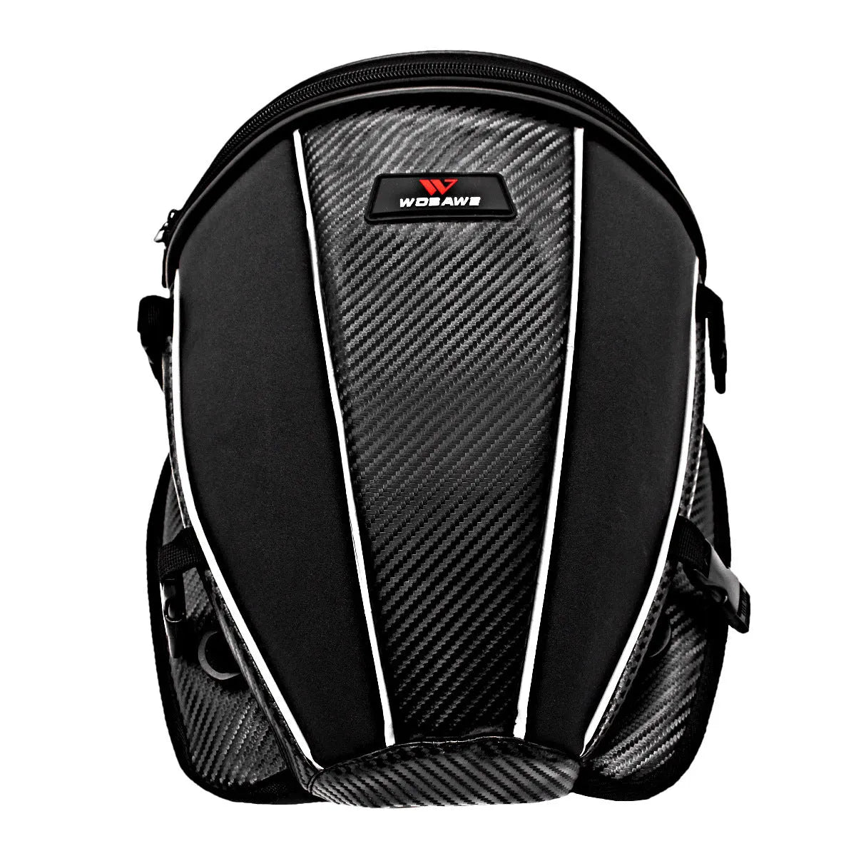 Black motorcycle seat bag with reflective strips, showing multiple pockets and an adjustable shoulder strap.