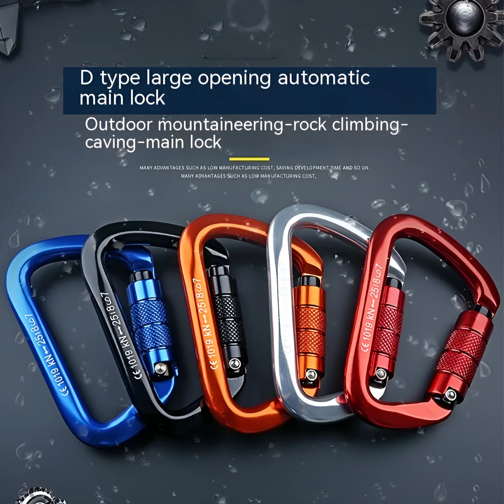 D-shaped climbing carabiner with colour options including black, blue, orange, red, and silver red