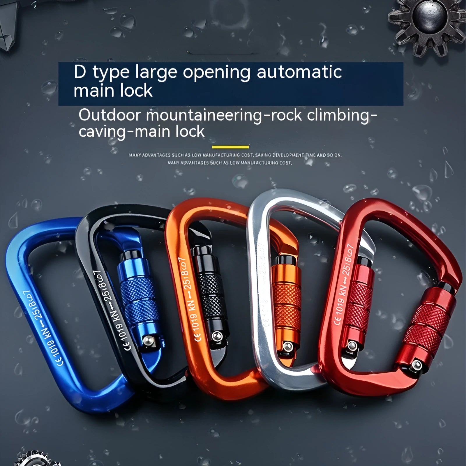 D-shaped climbing carabiner with colour options including black, blue, orange, red, and silver red