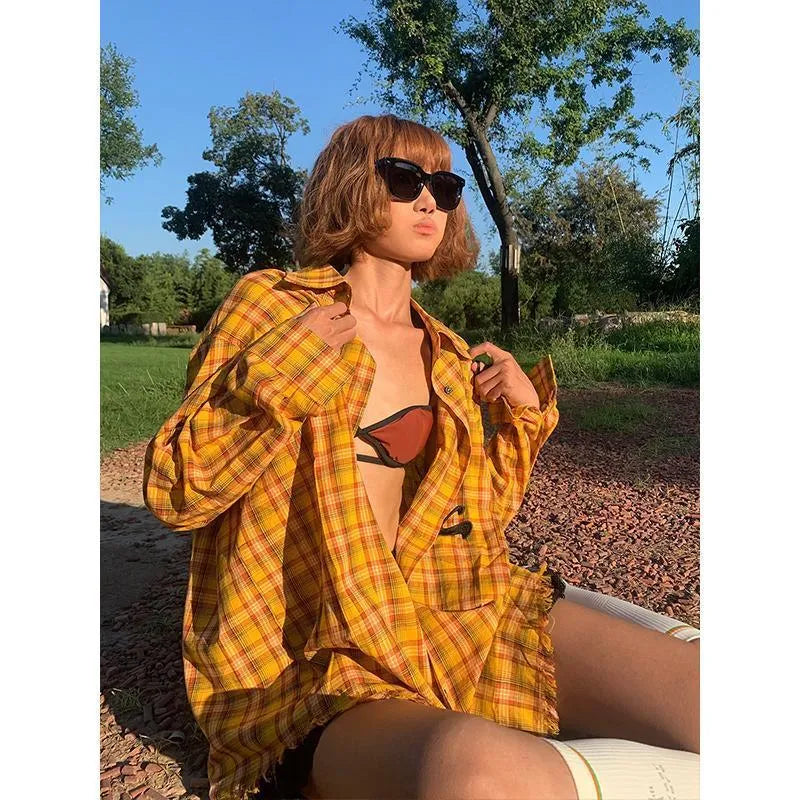 Dopamine yellow plaid shirt with loose cardigan style and polyester blend fabric