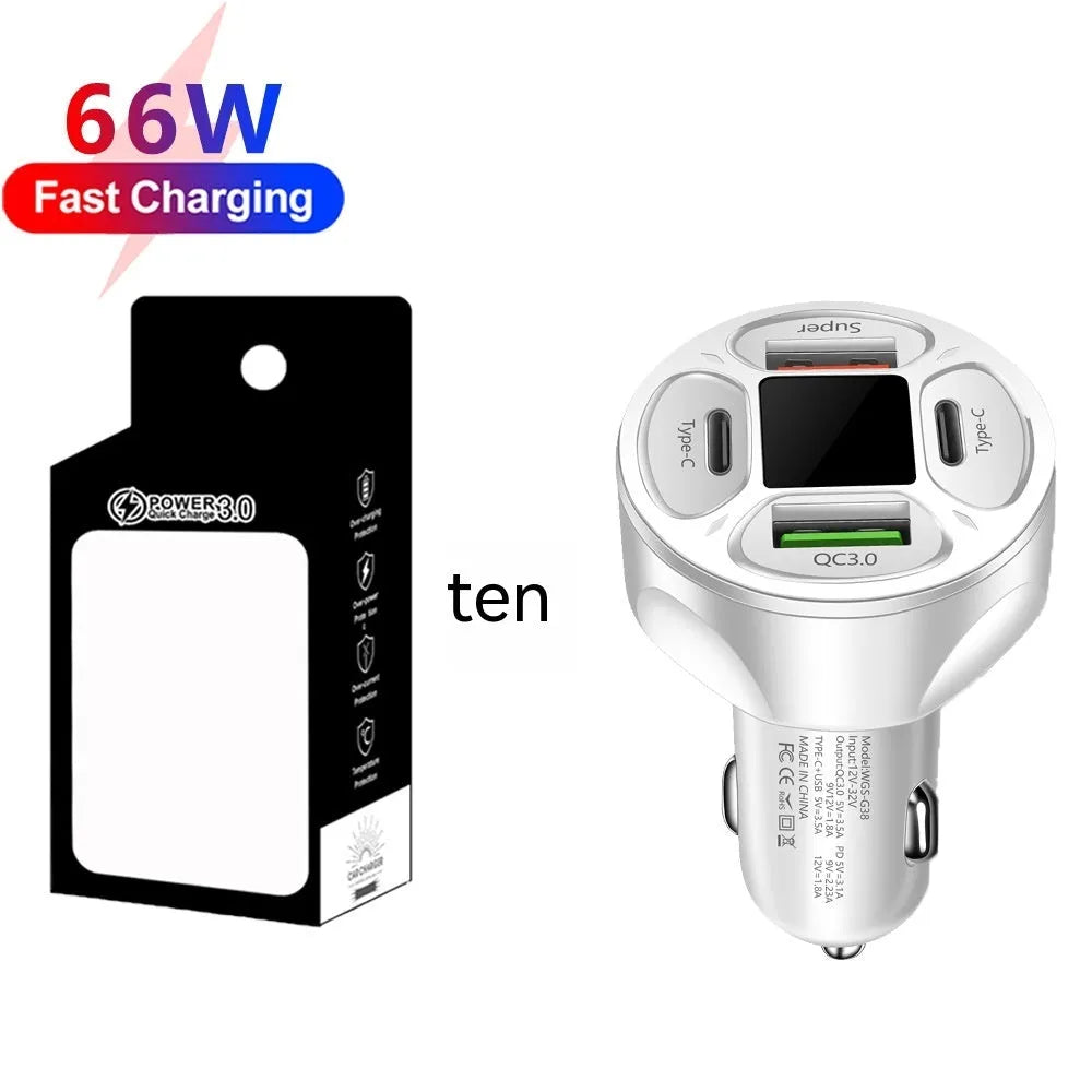 66W black digital display car charger with two USB and two Type-C ports for fast charging