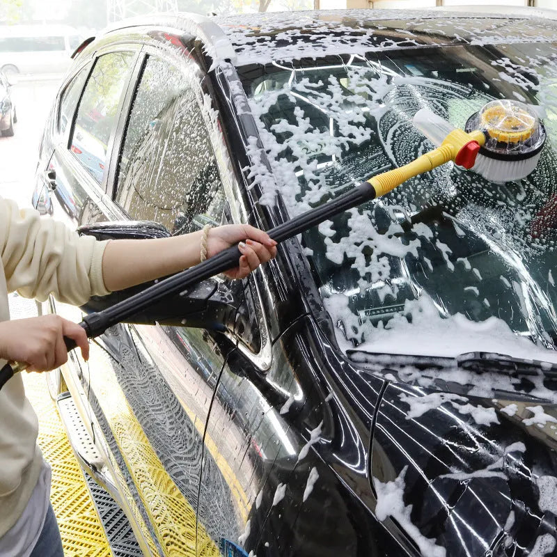 Yellow car wash mop with hydraulic controls and dual-material brush head