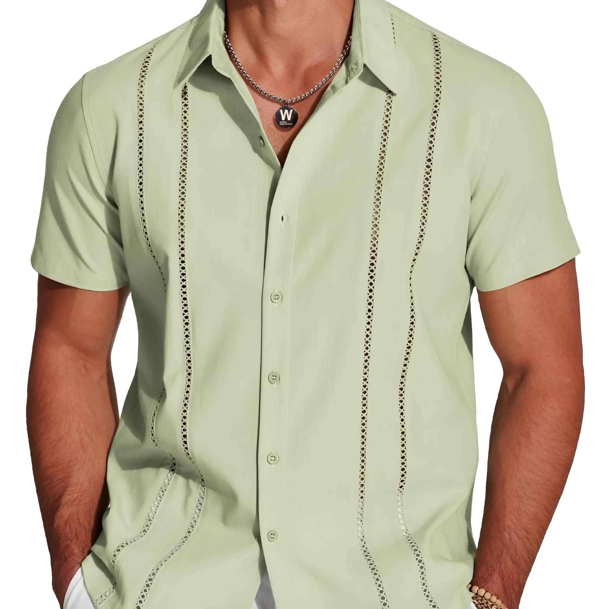 Men's slim fit Hawaiian short sleeve shirt with digital print pattern and elastic band detail.