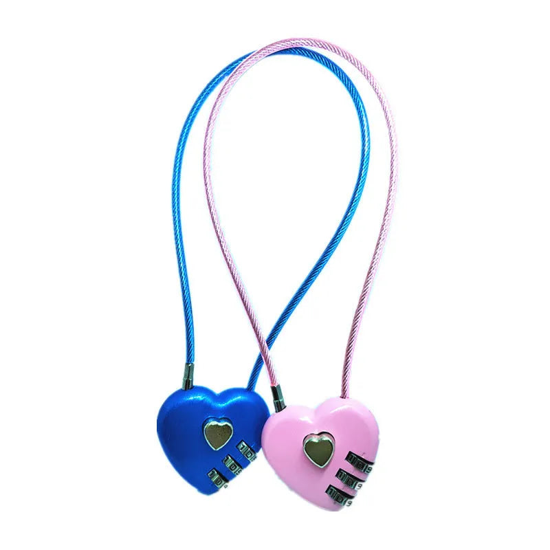 Peach Heart shaped wire rope lock in ABS plastic for securing bicycle helmets.